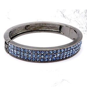 Blue Rhinestone Pavé Hinged Bangle Bracelet Gunmetal Tone -